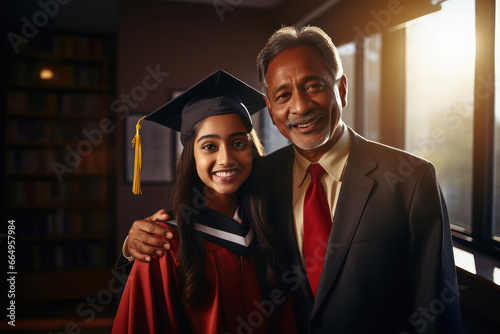 Happy graduation student with her father celebrating at home. photo