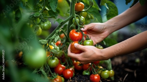 A woman's hands gently touch a tomato plant.