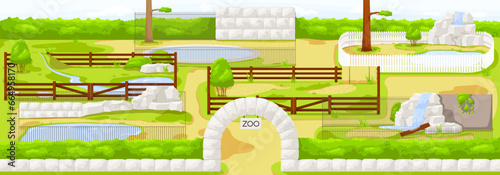 Empty cartoon zoo. Blank aviary and enclosure. Picturesque landscape, small pond and stream, outdoor nature. Park enclosure, wild environment, outside background. Vector illustration