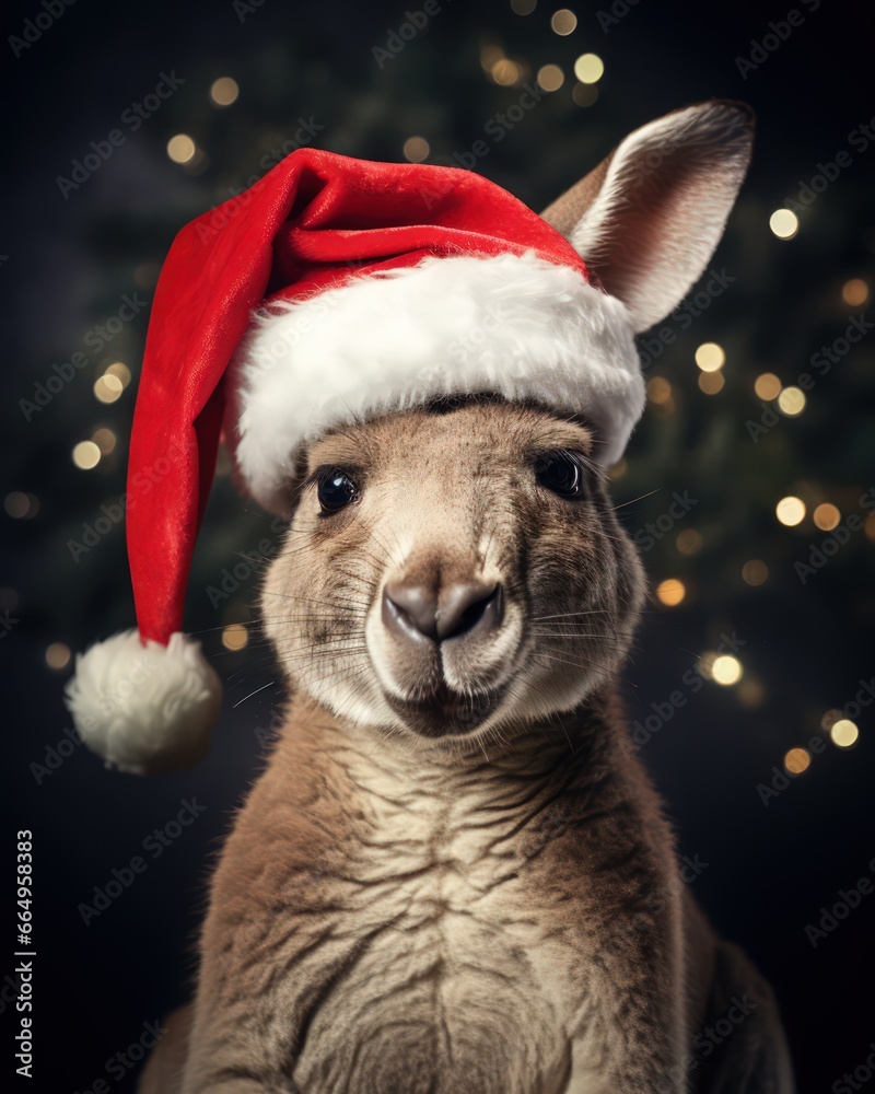 portrait of a funny kangaroo with a santa hat, suitable for christmas greeting cards - ai-generated