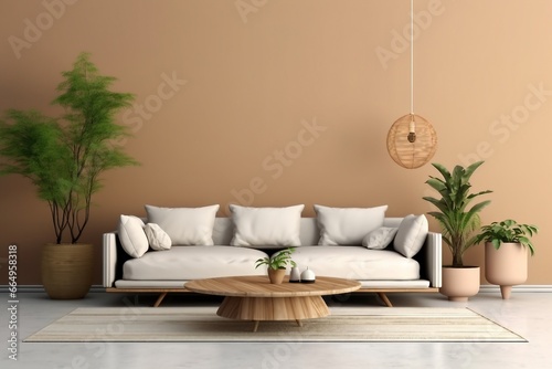 interior design  Sofa and wood round table in brown living room 3D rendering. generative ai.