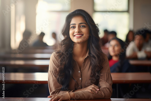 Young indian college girl student sitting at class room photo