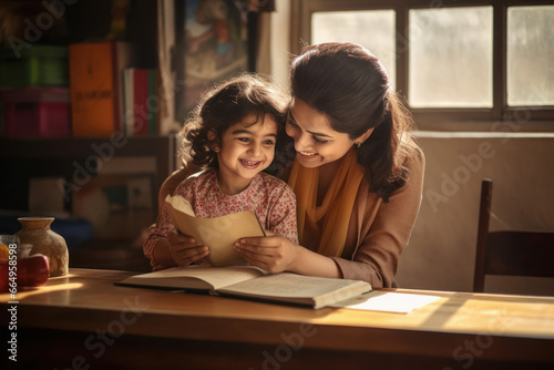 Indian mother taking her daughter's studies at home. photo