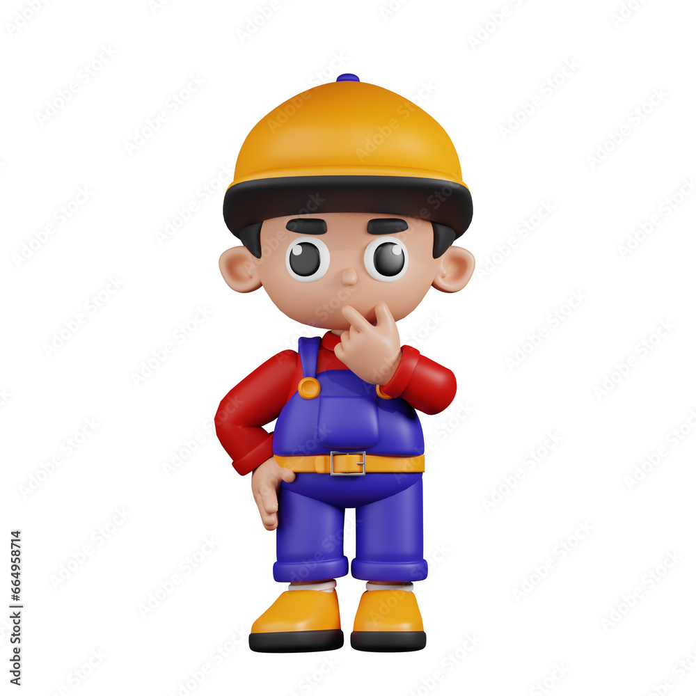 3d Character Mechanic Curious Pose. 3d render isolated on transparent backdrop. 3d Character Mechanic Curious Pose. 3d render isolated on transparent backdrop.
