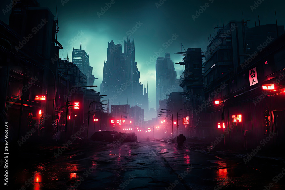 Futuristic virtual cyberpunk City with abstract pedestrian with Neon light from billboards and advertisement in nightlife district.