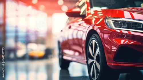 A blurred image of a new red car parked in a showroom at a car dealership. © sopiangraphics