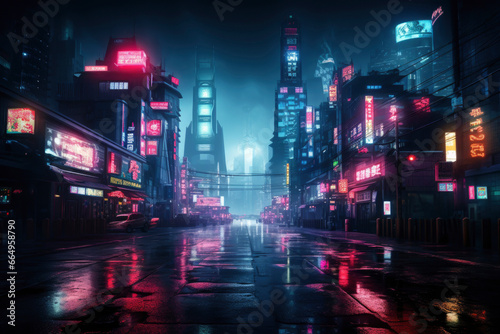 Futuristic virtual cyberpunk City with abstract pedestrian with Neon light from billboards and advertisement in nightlife district.