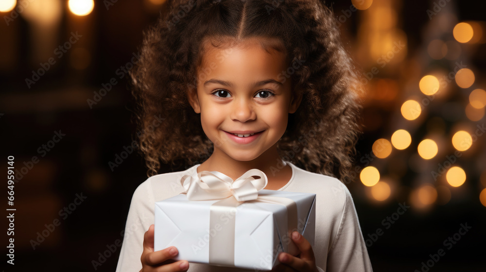 black beautiful girl in an elegant dress holds a gift box with ribbons, Christmas, New Year, celebration, holiday, birthday, present, child, childhood, kid, toddler, bow, smile, emotion, portrait black beautiful girl in an elegant dress holds a gift box with ribbons, Christmas, New Year, celebration, holiday, birthday, present, child, childhood, kid, toddler, bow, smile, emotion, portrait