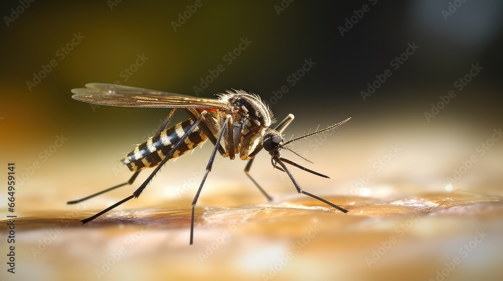 Obraz premium A mosquito that carries dengue fever, Zika virus is sucking blood on a person's skin