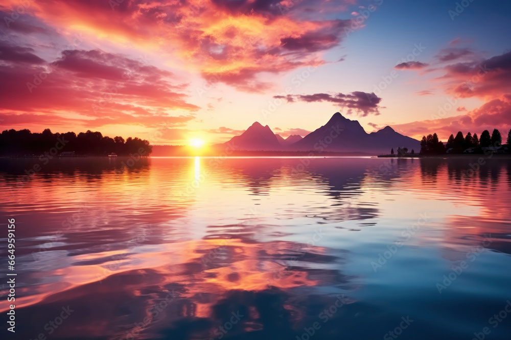 vibrant sunset over a serene lake, with colorful reflections shimmering on the water vibrant sunset over a serene lake, with colorful reflections shimmering on the water
