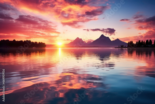 vibrant sunset over a serene lake  with colorful reflections shimmering on the water