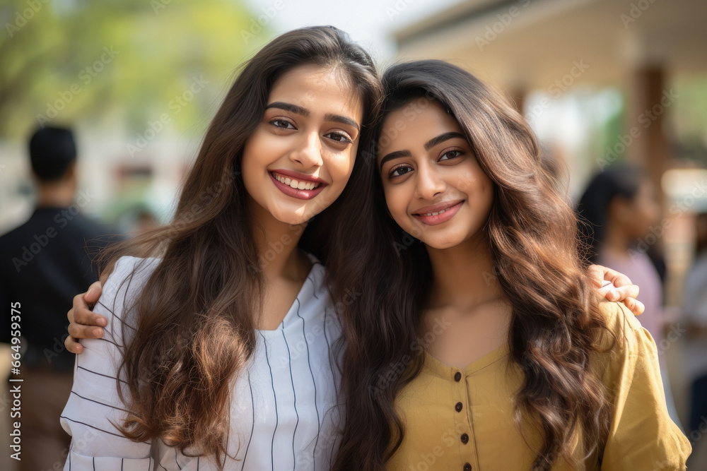 Two indian college girl friends together, smiling Two indian college girl friends together, smiling