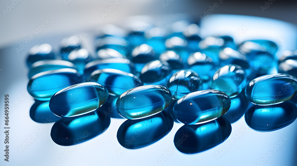 macro fotografía de unas pastillas azules  - obrazy, fototapety, plakaty 