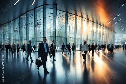 Blur abstract background of business people walking in the walkway of building office/ silhouettes motion style.