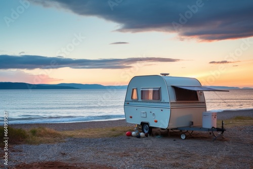 caravan parked on a serene beach at sunset