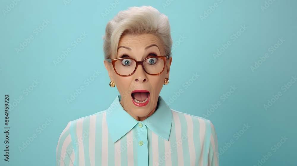 Elderly shocked surprised fun woman 50s years old woman