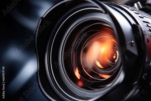 black movie camera lens, close up, front view