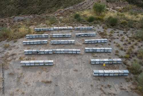 group of beehives on the mountain