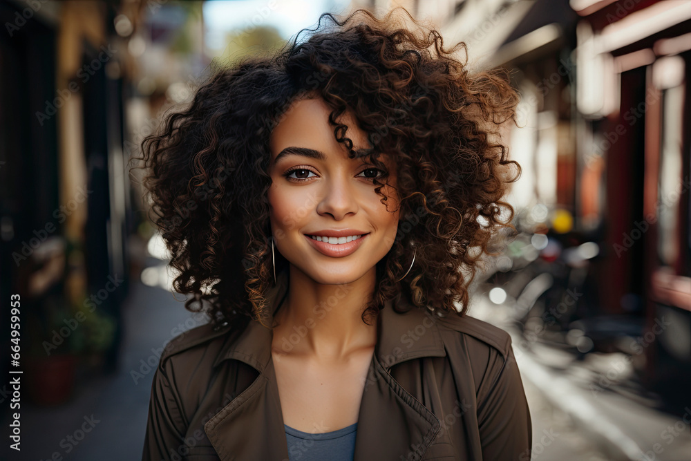 professional afro american business woman, happy confident positive female entrepreneur standing outdoor on sunny street arms crossed, looking at camera