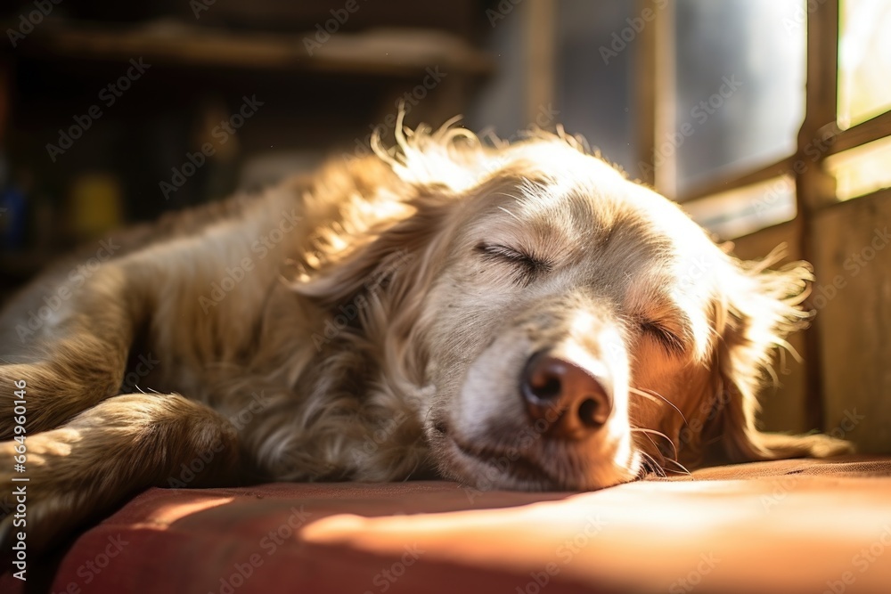 Naklejka premium elderly dog sleeping in sunbeam
