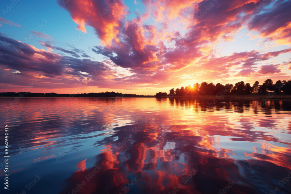 vibrant sunset over a serene lake, with colorful reflections shimmering on the water