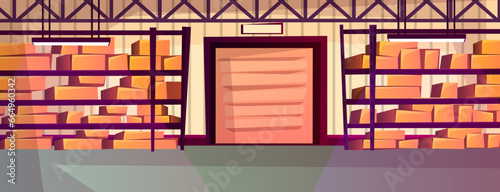 Cartoon warehouse interior. Shelves with goods, various parcels. Rack with carton boxes. Garage door. Indoor storehouse. Industrial stockroom storage. Logistic delivery. Vector illustration
