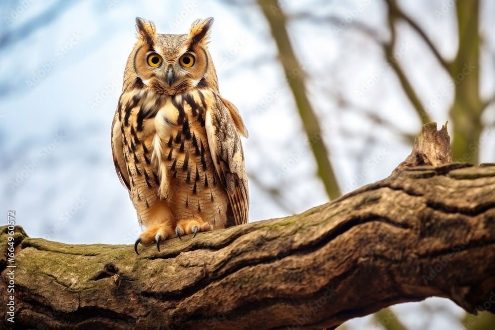 an owl perched quietly on the branch of an old oak
