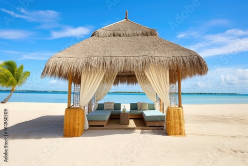 bamboo cabana on white sandy beach photo