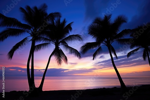 silhouetted palm trees against twilight beach sky