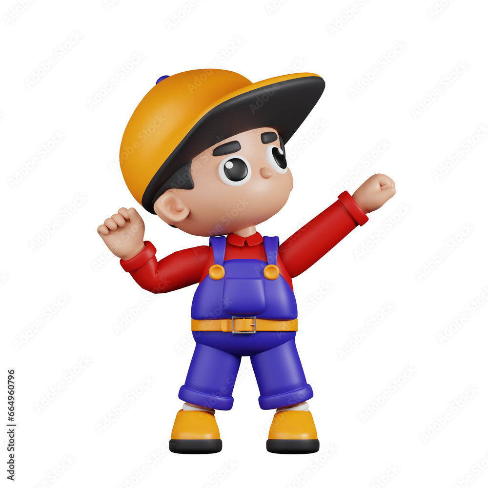3d Character Mechanic Looking Victorious Pose. 3d render isolated on transparent backdrop. 3d Character Mechanic Looking Victorious Pose. 3d render isolated on transparent backdrop.