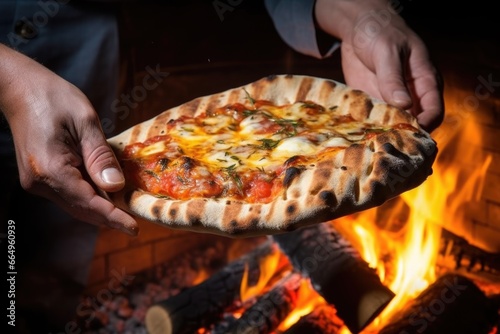 hand pulling a slice of calzone from a wood-fired oven