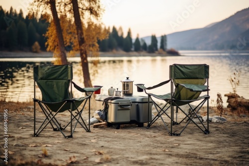 foldable camping chairs and table in open-air photo