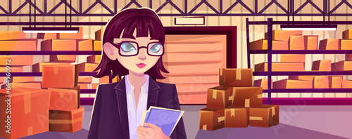 Cartoon warehouse interior with businesswoman in glasses holding clipboard. Carton boxes on shelves with goods, various parcels. Crowded stockroom storage. Logistic delivery. Vector illustration