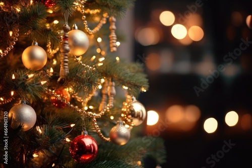 a christmas tree ornamented with lights and baubles