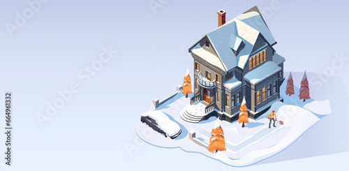 Detailed winter house cartoon isometric image. Realistic building design, wintertime exterior, beautiful outdoor architecture. Man removing snow. Christmas season. Isometric vector illustration.