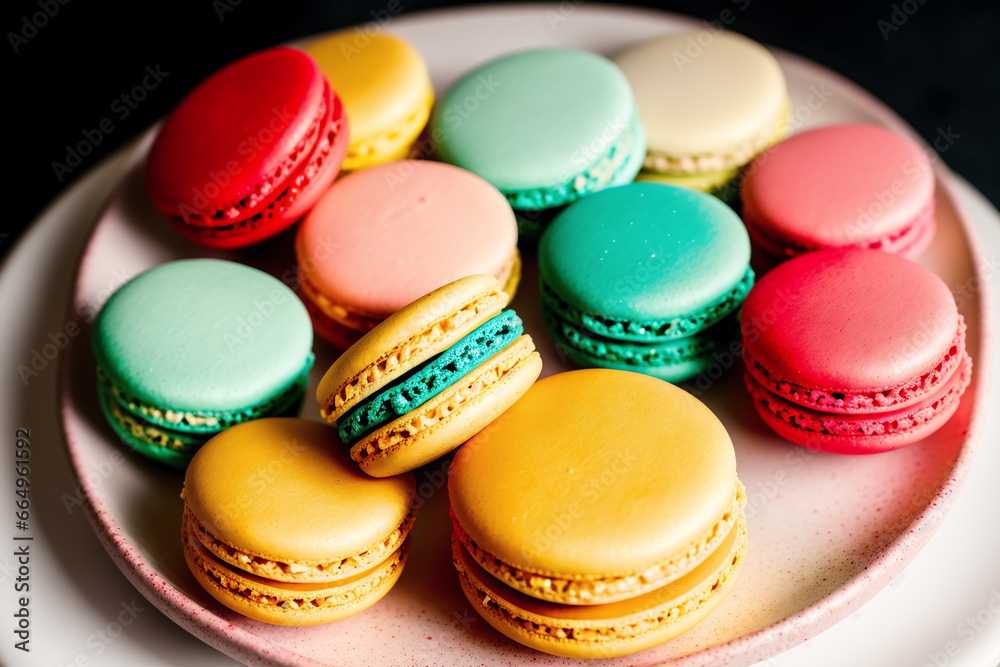 Colorful macaroons on a plate. Sweet cookies. Generative AI Colorful macaroons on a plate. Sweet cookies. Generative AI
