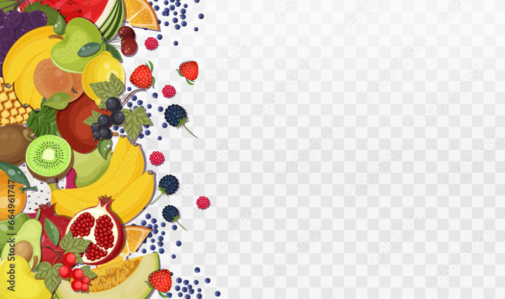 Various fresh fruit collection on left side. Healthy food. Set of melon, watermelon, pineapple, orange, apple, avocado. Vitamin diet, summer harvest. Isolated on white background. Vector illustration