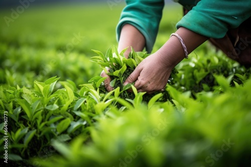genuine tea leaves being picked in a lush, green tea plantation