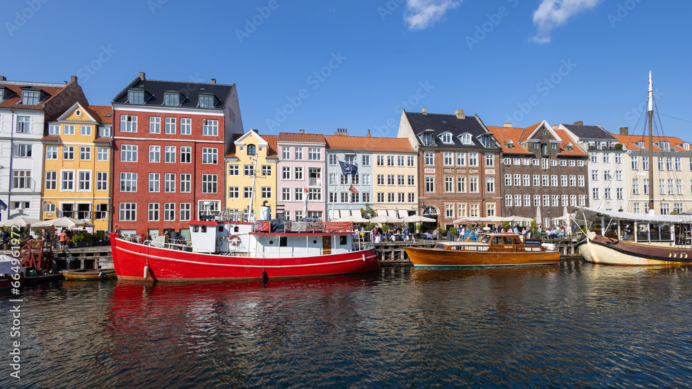 Nyhavn boats canal 
Copenhagen Denmark 
