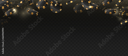 Flying vegas casino golden poker chips, gambling addiction, risky money, huge jackpot, successful bet, lucky game. Concept of playing game via real cash. Black background. Vector illustration