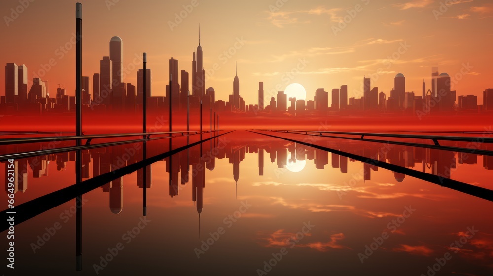 As the fiery sun dips below the city skyline, the skyscrapers stand tall against the colorful sky, their reflections dancing on the tranquil waters below, creating a breathtaking landscape