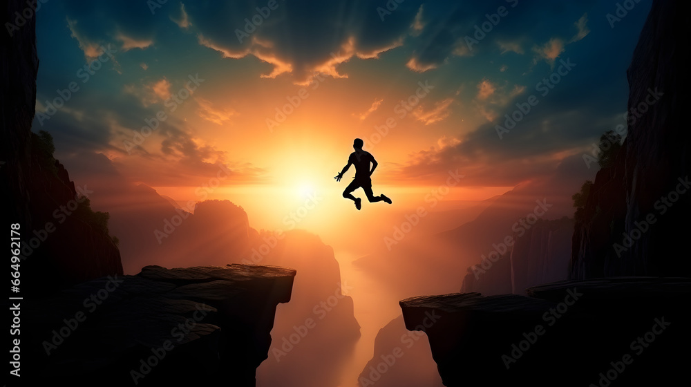 Welcome merry Christmas and happy new year in 2024 Silhouette Man jumping from 2023cliff to 2024 cliff with cloud sky and sunlight