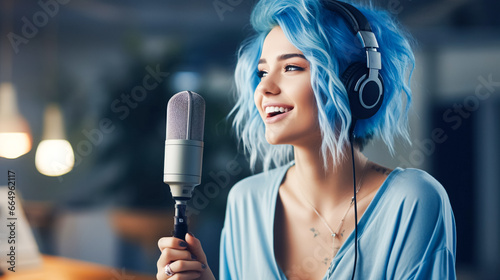 Girl podcaster streamer makes a review, audio and video in her home studio. A bright-looking blogger recording podcast
