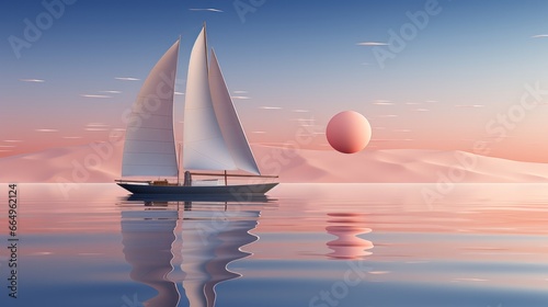 A majestic sailboat glides across the shimmering water, its tall mast reaching towards the vibrant sunset, a symbol of freedom and adventure on the open seas