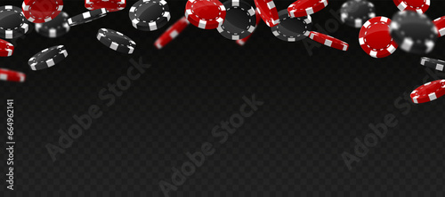 Flying vegas casino black and red poker chips, gambling addiction, risky money, huge jackpot, successful bet, lucky game. Concept of playing game via real cash. Dark background. Vector illustration
