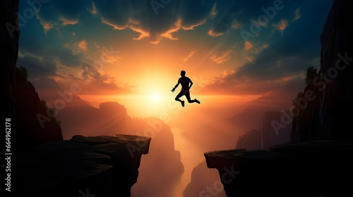 Welcome merry Christmas and happy new year in 2024 Silhouette Man jumping from 2023cliff to 2024 cliff with cloud sky and sunlight