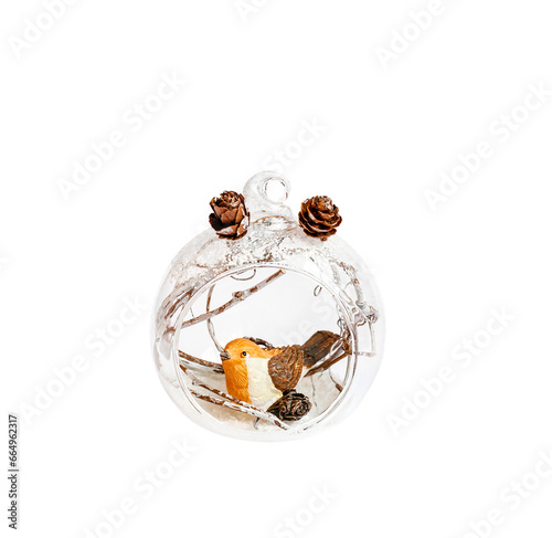 transparent christmas ornament with bird inside on transparent background