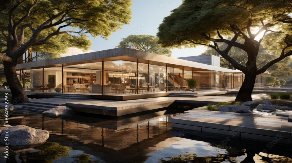 Amidst the lush greenery and endless sky, stands a magnificent glass house reflecting the beauty of nature, with a sparkling pool and towering trees adding to its architectural charm Amidst the lush greenery and endless sky, stands a magnificent glass house reflecting the beauty of nature, with a sparkling pool and towering trees adding to its architectural charm