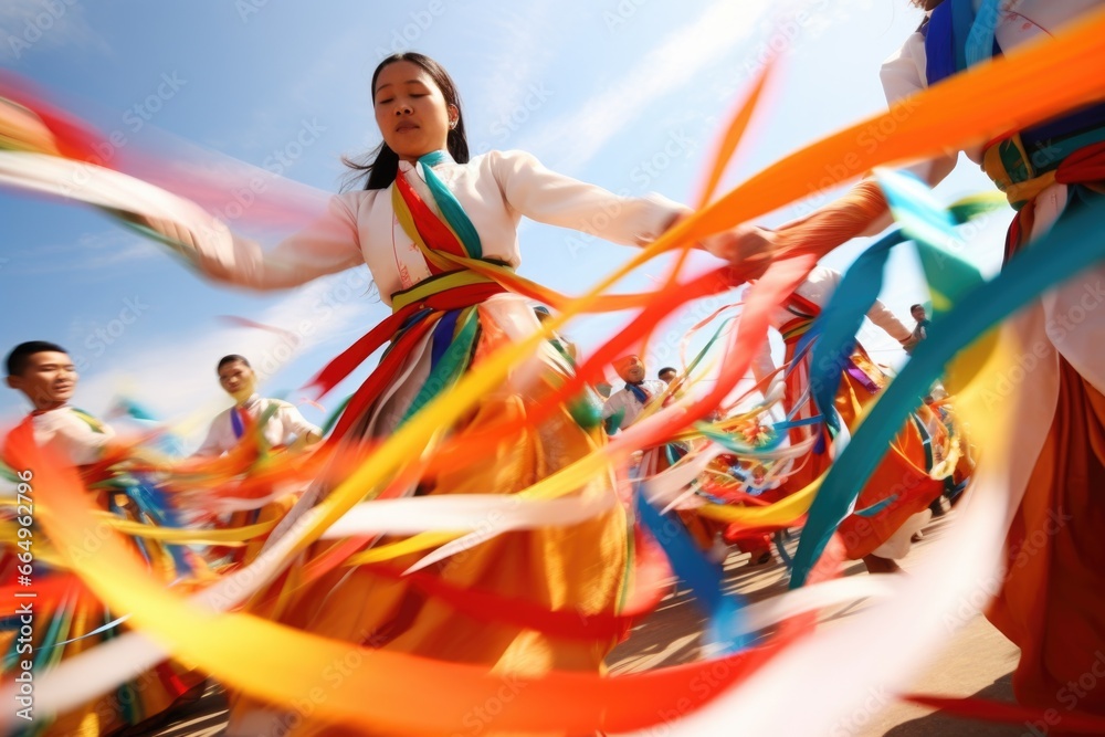 colorful ribbons flying in the air with folk dance spin colorful ribbons flying in the air with folk dance spin