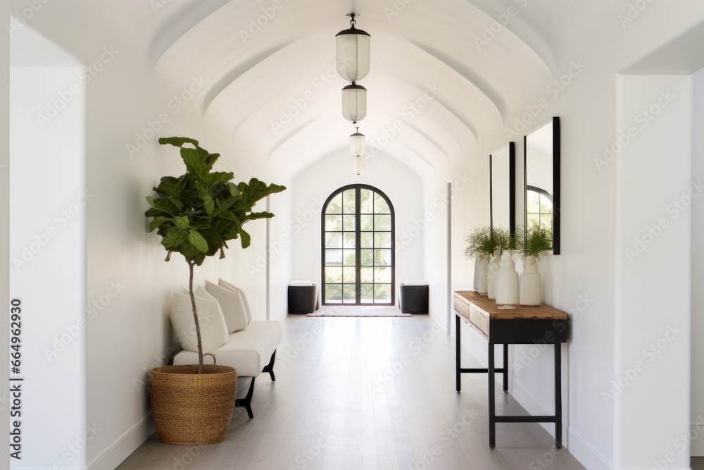 long hallway entryway with minimalistic white walls and ceiling